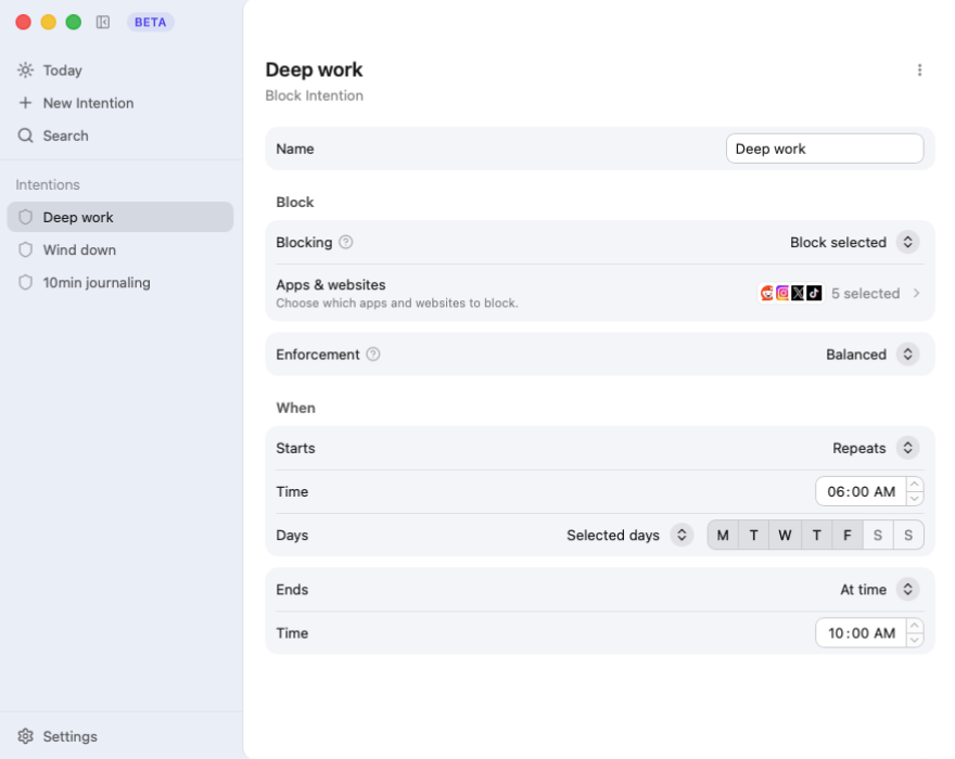Abstand showing a Deep work Block Intention with selected apps, websites, enforcement, and schedule settings.